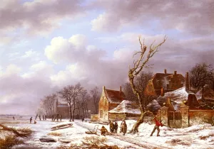Gathering Wood In A Winter Landscape by Pierre Francois De Noter Oil Painting