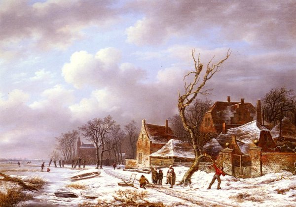 Gathering Wood In A Winter Landscape by Pierre Francois De Noter - Hand-Painted Oil Painting Reproduction