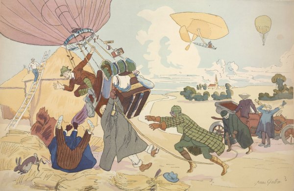 Main Product Photo of Atterrissage d'un ballon libre. Estampe de Pierre Gatier.  Painting by Pierre Gatier