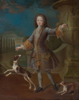 Portrait Of Louis Xv With Two Dogs by Pierre Gobert Oil Painting