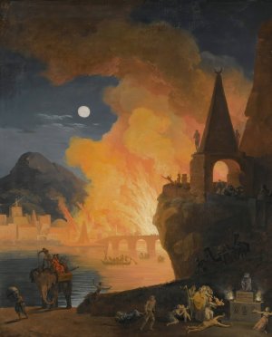 A Nocturnal Landscape With Figures Fleeing The Fire Of Alexandria by Pierre-Jacques Volaire Oil Painting