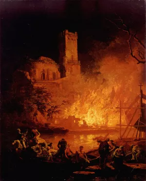 A River Landscape with Figures Fleeing a Burning City by Pierre-Jacques Volaire Oil Painting