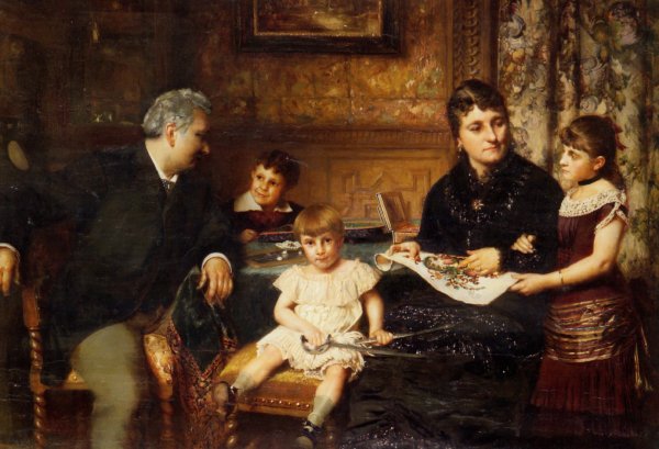 Main Product Photo of Portrait of a Family Gathered Around a Table Painting by Pierre Jan Van Der Ouderaa