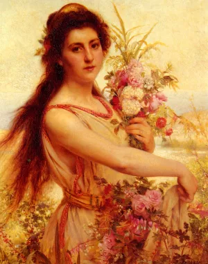 Young Beauty Gathering Flowers by Pierre Jan Van Der Ouderaa Oil Painting