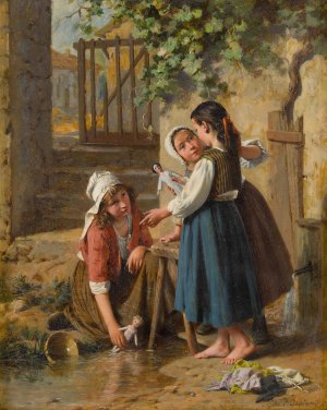 The Doll's Bathing Day by Pierre Jean Edmond Castan Oil Painting