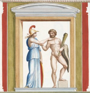 Athena and Hercules depicted within a niche. Oil painting by Pierre-Jean Mariette