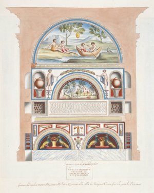 Facciata del sepolcro, notato nella pianta alla littera Q; trovato nella villa di Monsignore Corsini fuori la porta di S. Pancratio. by Pierre-Jean Mariette Oil Painting