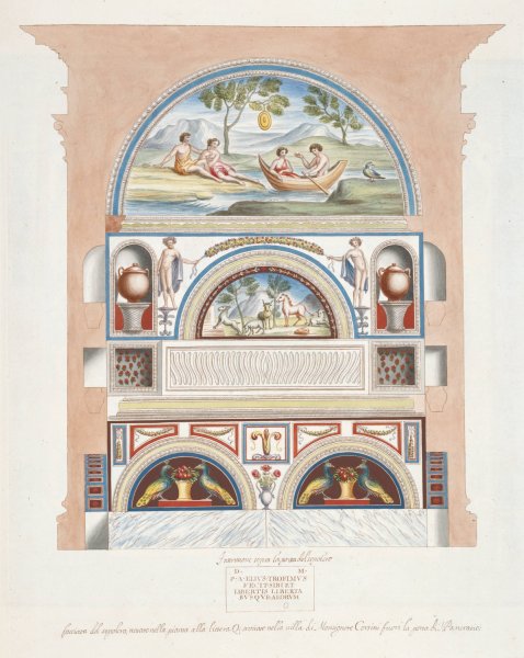 Facciata del sepolcro, notato nella pianta alla littera Q; trovato nella villa di Monsignore Corsini fuori la porta di S. Pancratio.  by Pierre-Jean Mariette - Hand-Painted Oil Painting Reproduction
