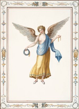Female angel holding wreath and gold ribbon. by Pierre-Jean Mariette Oil Painting