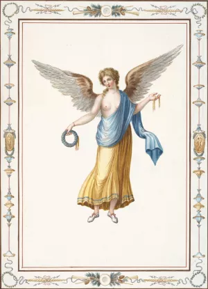 Female angel holding wreath and gold ribbon. by Pierre-Jean Mariette Oil Painting