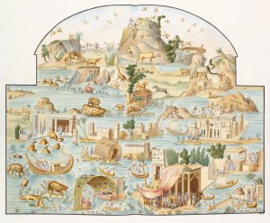 Large river scene of various animals and people on islands at various activities. by Pierre-Jean Mariette Oil Painting