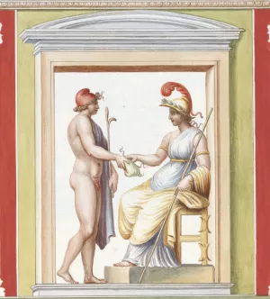 Nude youth approaching seated Athena, depicted within a niche. by Pierre-Jean Mariette Oil Painting
