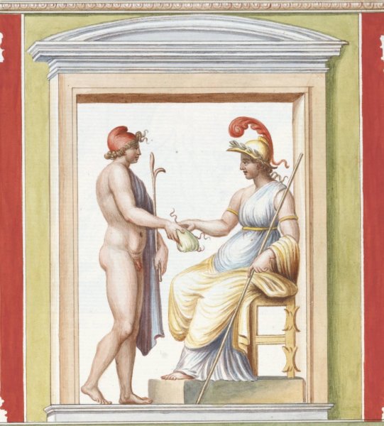 Nude youth approaching seated Athena, depicted within a niche.  by Pierre-Jean Mariette - Hand-Painted Oil Painting Reproduction