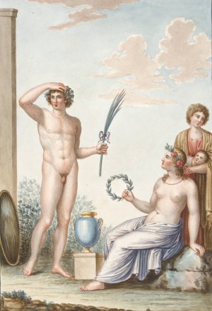 Nude youth holding palm branch, partially nude woman holding wreath. by Pierre-Jean Mariette Oil Painting