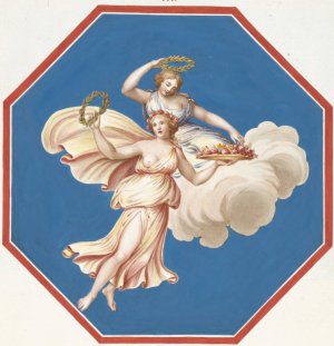 Octagonal painting of two women riding a cloud and holding wreaths and flowers. by Pierre-Jean Mariette Oil Painting