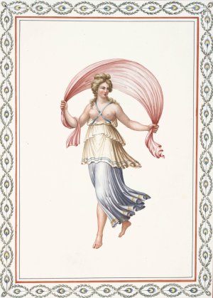 Partially nude woman holding pink drape. Oil painting by Pierre-Jean Mariette