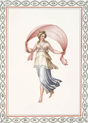 Partially nude woman holding pink drape. by Pierre-Jean Mariette Oil Painting
