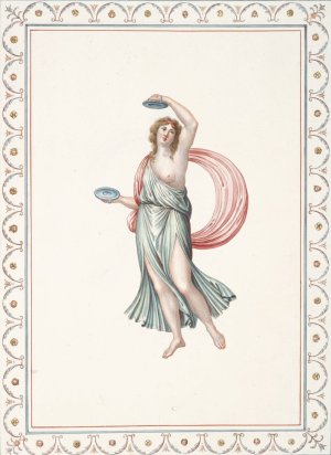Partially nude woman playing cymbals. by Pierre-Jean Mariette Oil Painting