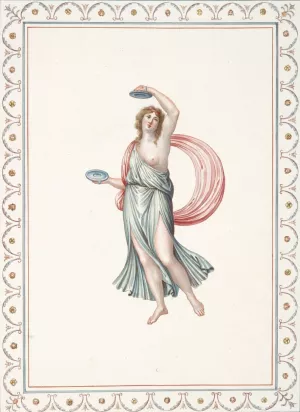 Partially nude woman playing cymbals. by Pierre-Jean Mariette Oil Painting