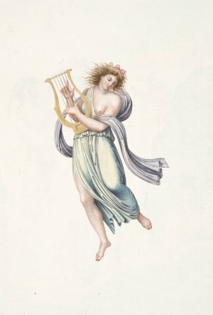 Partially nude woman playing harp. by Pierre-Jean Mariette Oil Painting