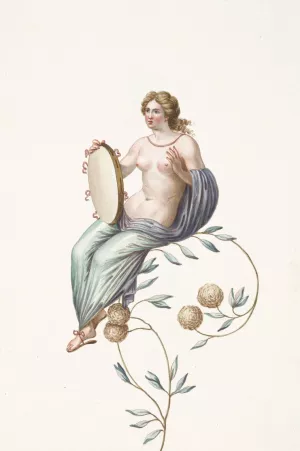 Partially nude woman sitting on flowering branch, holding tambourine. by Pierre-Jean Mariette Oil Painting