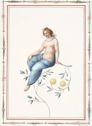 Partially nude woman sitting on flowering branch. by Pierre-Jean Mariette Oil Painting
