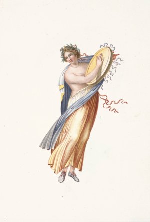 Partially nude woman wearing wreath and playing tambourine. by Pierre-Jean Mariette Oil Painting