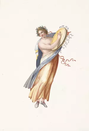 Partially nude woman wearing wreath and playing tambourine. by Pierre-Jean Mariette Oil Painting