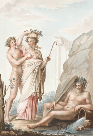 Woman carrying basket on her head, nude youth and nude man reclining next to water jug. by Pierre-Jean Mariette Oil Painting