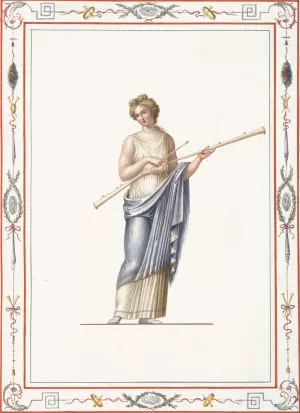 Woman in classical dress holding two long pipes. by Pierre-Jean Mariette Oil Painting