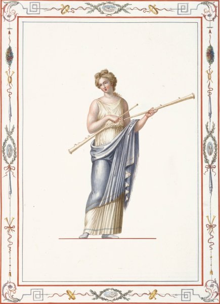 Woman in classical dress holding two long pipes.  by Pierre-Jean Mariette - Hand-Painted Oil Painting Reproduction