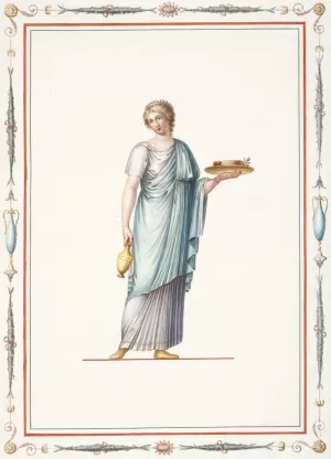 Woman in classical dress holding vase and platter of food. by Pierre-Jean Mariette Oil Painting