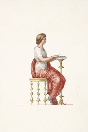 Woman in classical dress sitting at small table. by Pierre-Jean Mariette Oil Painting