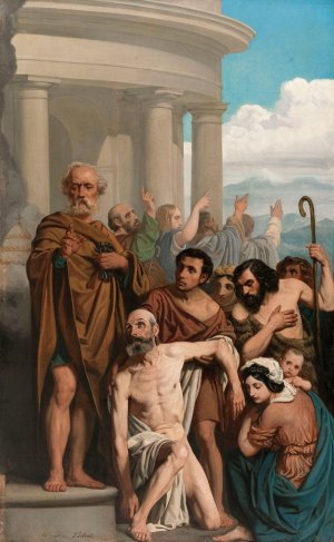 Saint Pierre guerissant un boiteux a la porte du temple Oil painting by Pierre-Jules Jollivet