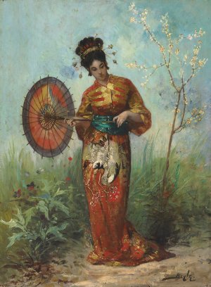 A Japanese Woman with a Parasol by Pierre-Marie Beyle Oil Painting