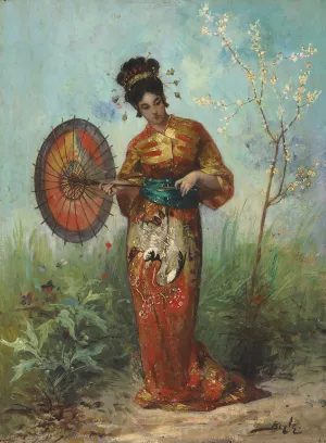 A Japanese Woman with a Parasol by Pierre-Marie Beyle Oil Painting
