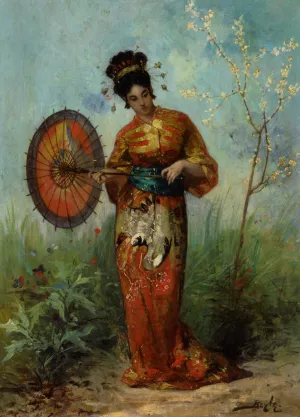 A Japanese Woman with a Parasol painting by Pierre-Marie Beyle