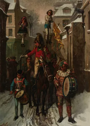 The Circus Coming Into Town On A Snowy Evening by Pierre-Marie Beyle Oil Painting