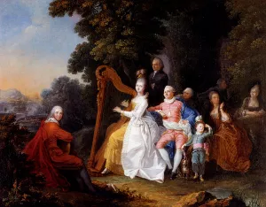 An Elegant Party in the Countryside with a Lady Playing the Harp and a Gentleman Playing the Guitar by Pierre-Michel Lovinfosse - Oil Painting Reproduction