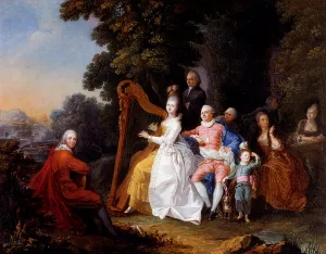An Elegant Party in the Countryside with a Lady Playing the Harp and a Gentleman Playing the Guitar by Pierre-Michel Lovinfosse Oil Painting