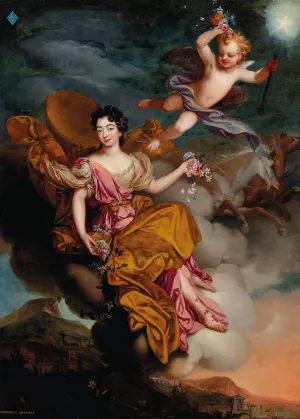 Portrait of Mademoiselle de la Force as Flora in a landscape with putti by Pierre Mignard Oil Painting