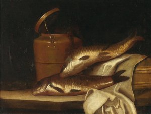 A still life with carps in front of a copper kettle by Pierre Nichon Oil Painting
