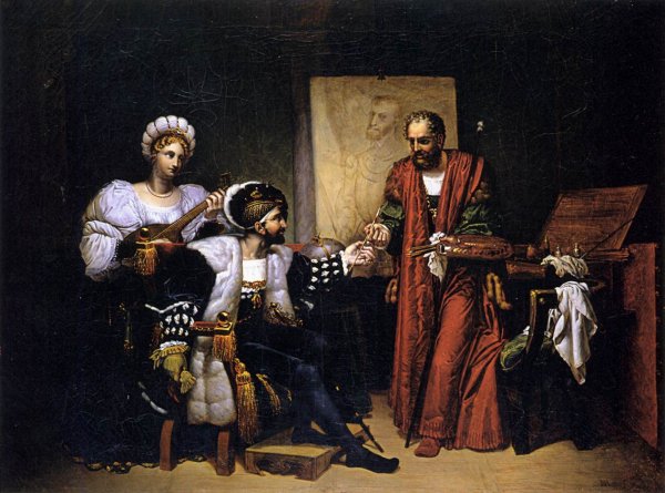 Main Product Photo of Charles V Picking up Titian's Paintbrush Painting by Pierre-Nolasque Bergeret