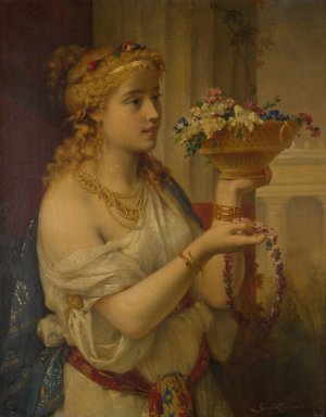 Young girl with flowers by Pierre Olivier Joseph Coomans Oil Painting