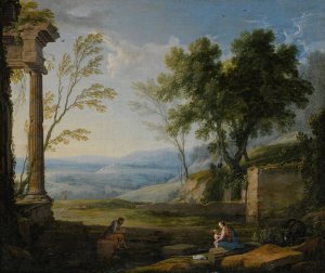 Classical landscape with ancient ruins, figures in the foreground by Pierre Patel The Elder Oil Painting