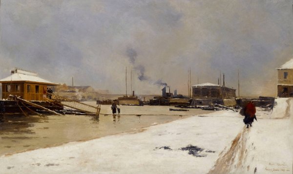 Main Product Photo of Le bas port du pont de Tolbiac, pendant la crue.  Painting by Pierre Vauthier