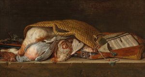 A hunting still life with fowl in a wicker basket by Pieter Andreas Rysbraeck II Oil Painting
