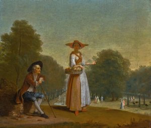 A fruitseller and a man resting, a park beyond by Pieter Angillis Oil Painting