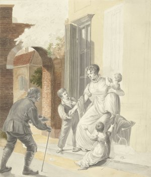 Bedelaar ontvangt een aalmoes van een dame by Pieter Bartholomeusz Barbiers Oil Painting