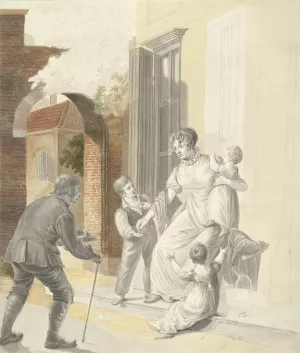 Bedelaar ontvangt een aalmoes van een dame by Pieter Bartholomeusz Barbiers Oil Painting